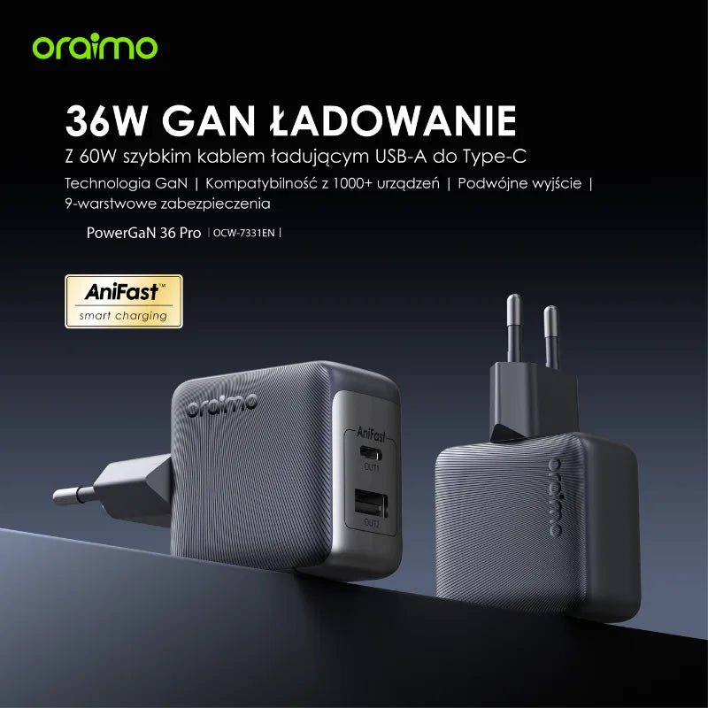 PowerCube 36 Pro – 36W Dual-Port GaN Szybkie Ładowanie 60W USB-C + USB-C