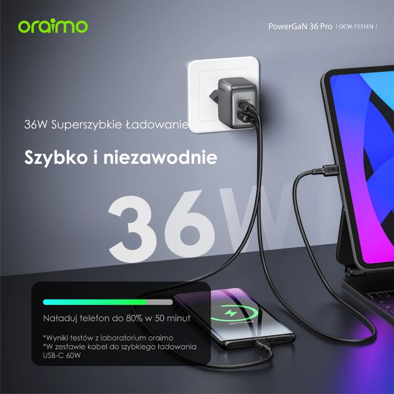 PowerCube 36 Pro – 36W Dual-Port GaN Szybkie Ładowanie 60W USB-C + USB-C