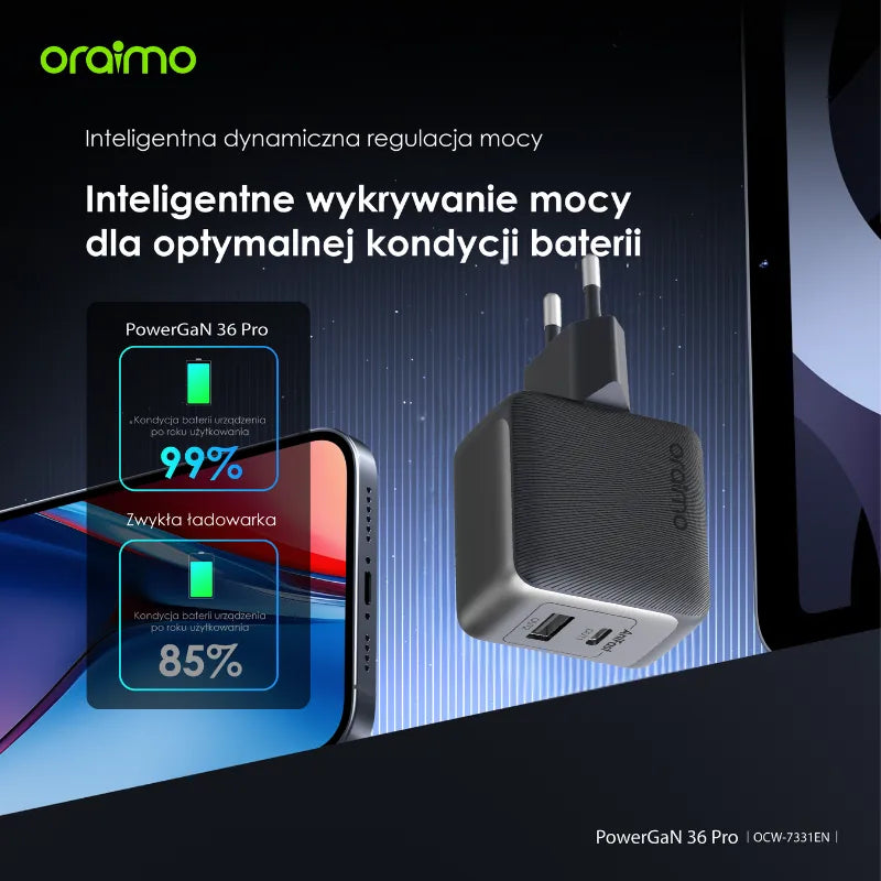 PowerCube 36 Pro – 36W Dual-Port GaN Szybkie Ładowanie 60W USB-C + USB-C