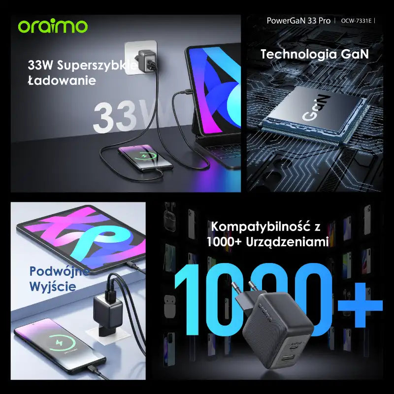 PowerCube 33 Pro – 33W Dual-Port GaN Szybki Ładowanie 60W USB-A + USB-C