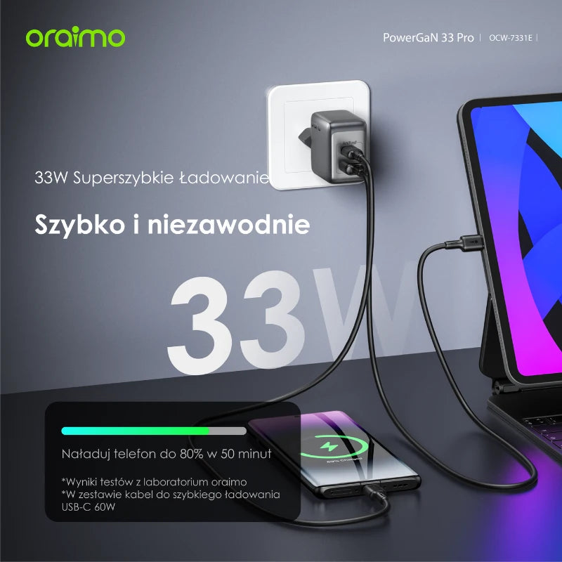 PowerCube 33 Pro – 33W Dual-Port GaN Szybki Ładowanie 60W USB-A + USB-C