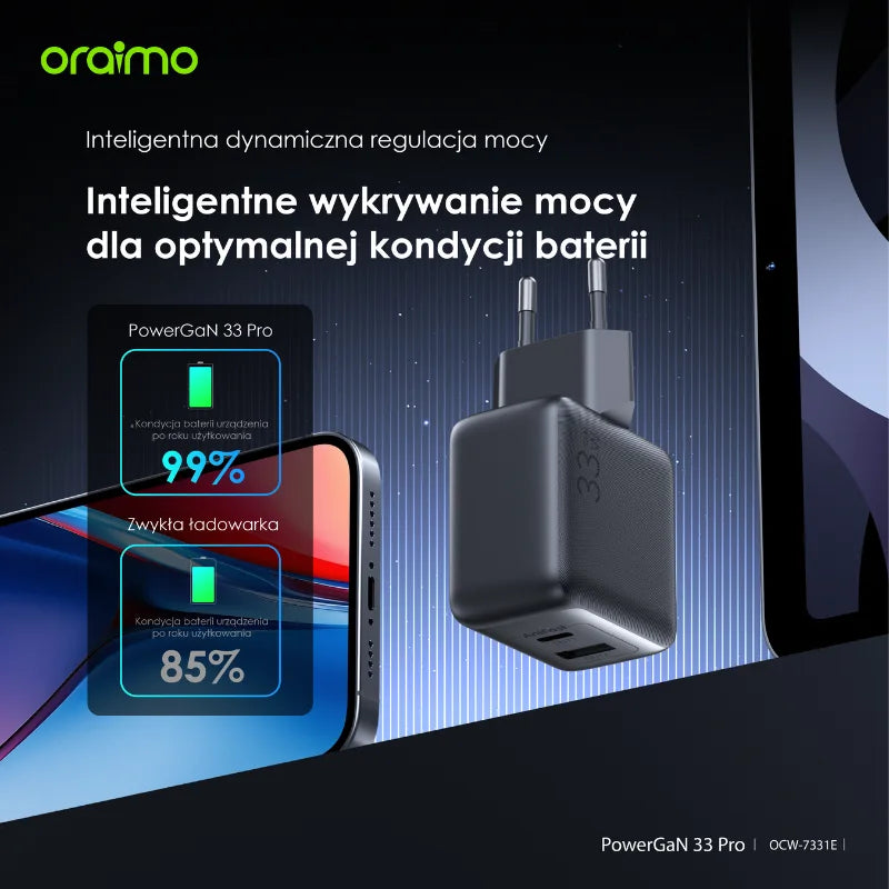 PowerCube 33 Pro – 33W Dual-Port GaN Szybki Ładowanie 60W USB-A + USB-C