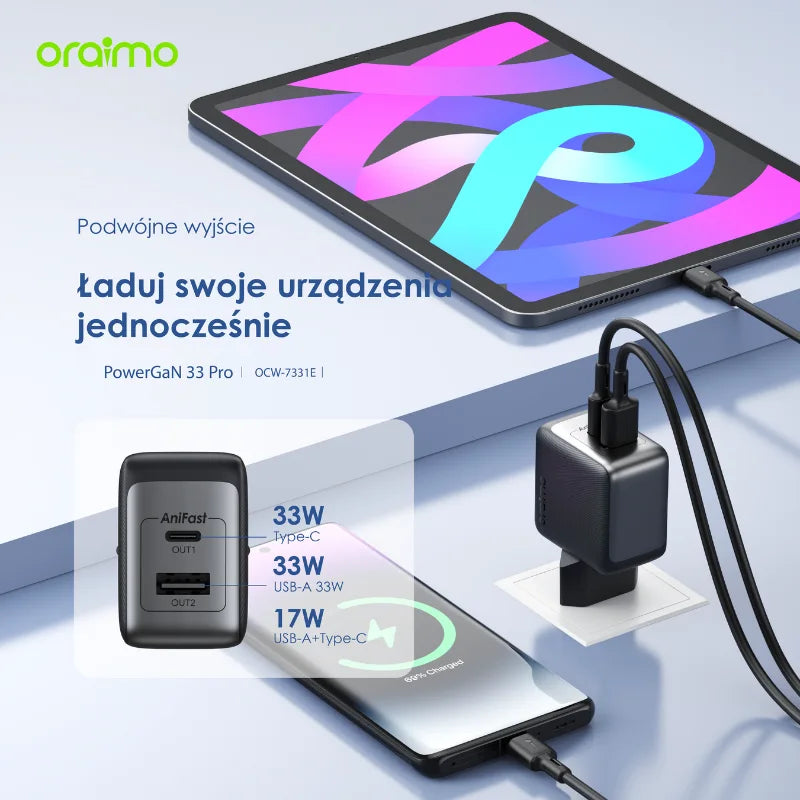 PowerCube 33 Pro – 33W Dual-Port GaN Szybki Ładowanie 60W USB-A + USB-C