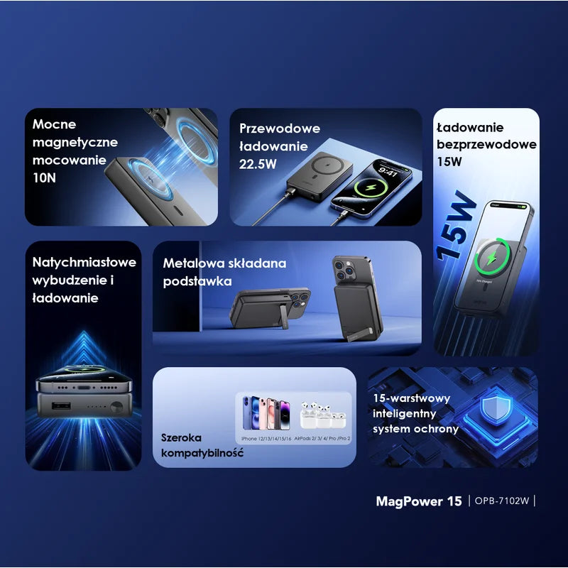 MagPower 15 – Magnetyczny Magsafe 10000mAh Powerbank 15W kabel & 22.5W Wired Charging
